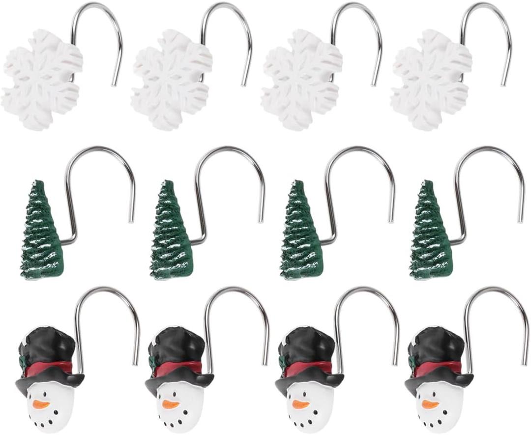 12Pcs Christmas Shower Curtain Hooks Christmas Tree Snowflake Snowman Shower Curtain Rings Xmas Bath Hooks for Bathroom Decor