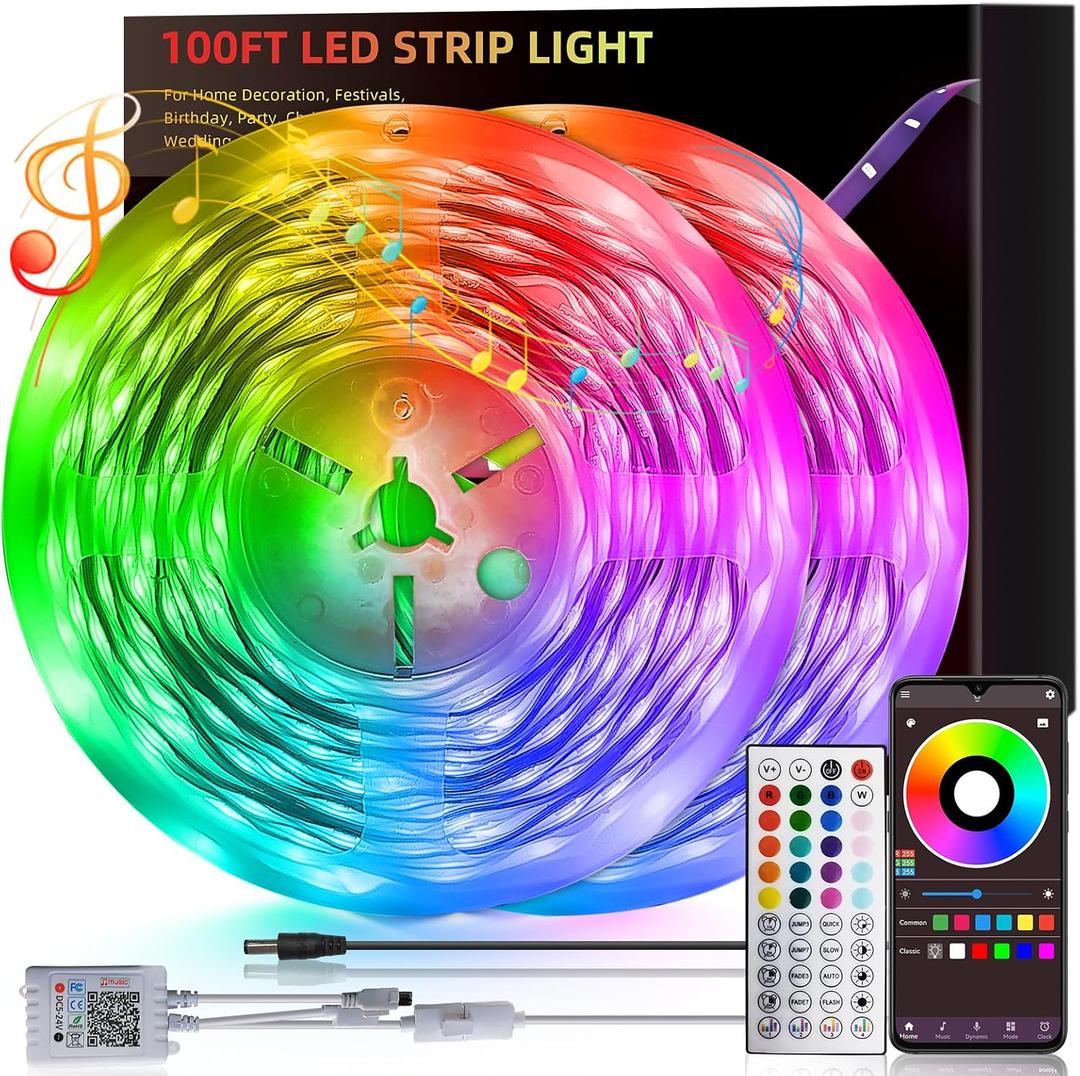 100ft Led Lights for Bedroom, Led Strip Lights Music Sync Corlor Changing, Led Light Strip with Remote & App Control RGB Strip, Led Lights for Room Dorm Home Classroom Ceiling Decor