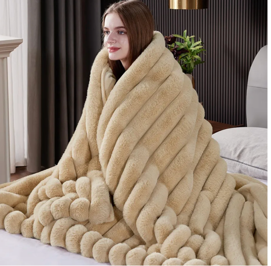 Fluffy Faux Fur Throw Blanket Queen Size, Thick 1000GSM Soft Cozy Throw Blankets for Bed, Plush Striped Warm Fuzzy Blanket for Couch LivingRoom Home Decor & Gifts(80"x 90", ivory)