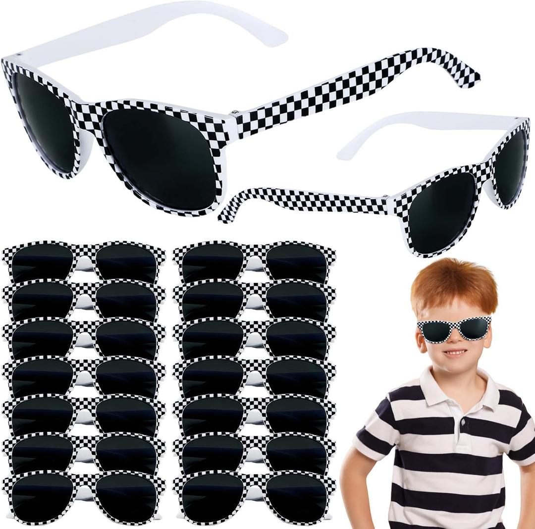 16 Pack Race Car Checkered Sunglasses White Black Frame Checker Sunglasses Bulk for Kids Racing Party Favors Essentials & Gear Up With Hot Car Plastic Glasses for Racing Theme Birthday Party Gifts