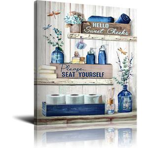 Rustic Bathroom Sign - 'Please Seat Yourself' Canvas Art, Navy Blue, Modern Home Decor, Framed, Ready to Hang, 16x20 Inch