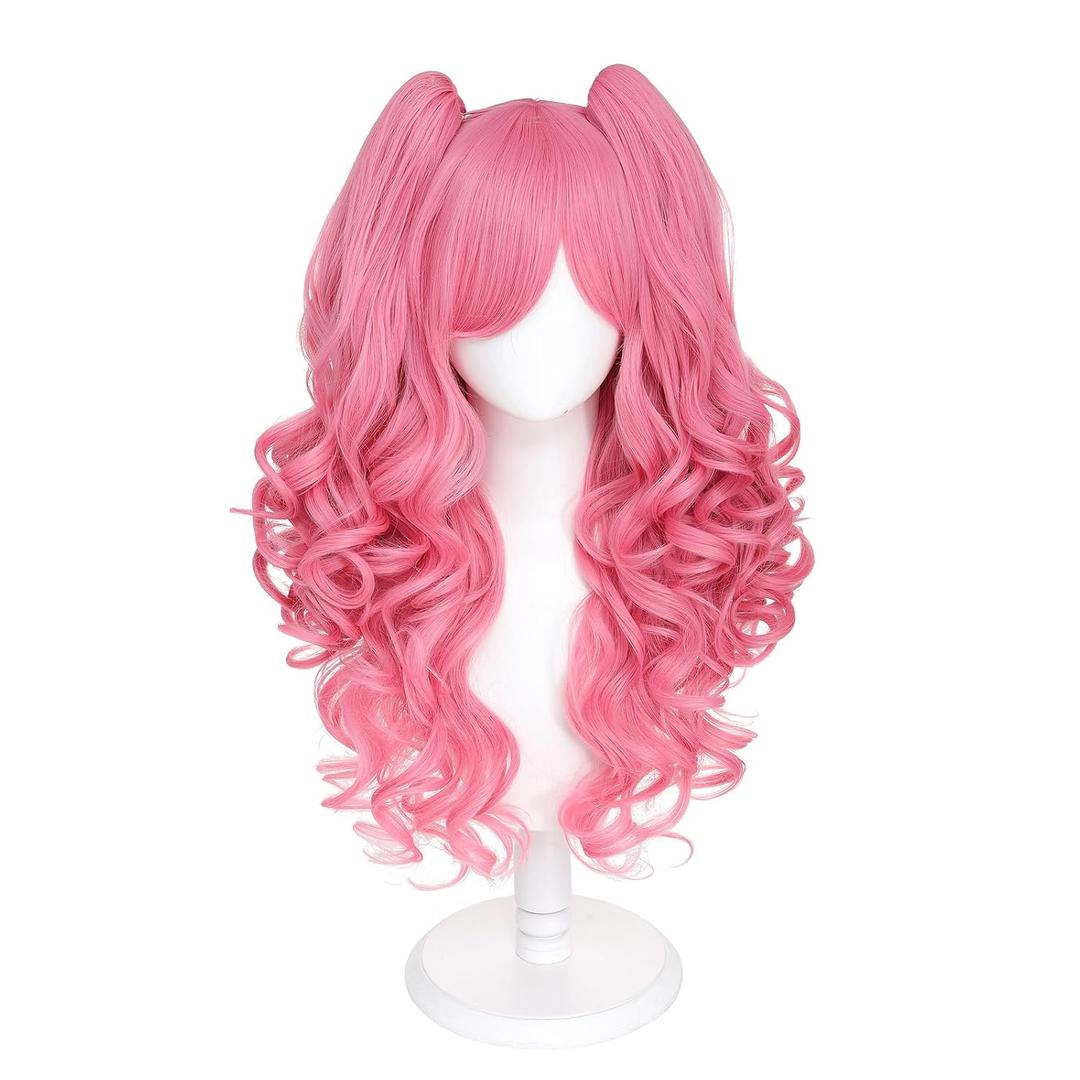 Adequate Long Curly Pink Lolita Wig 2 Ponytails Clip on Cosplay Wig for Women Anime Party Halloween Costume (Pink)