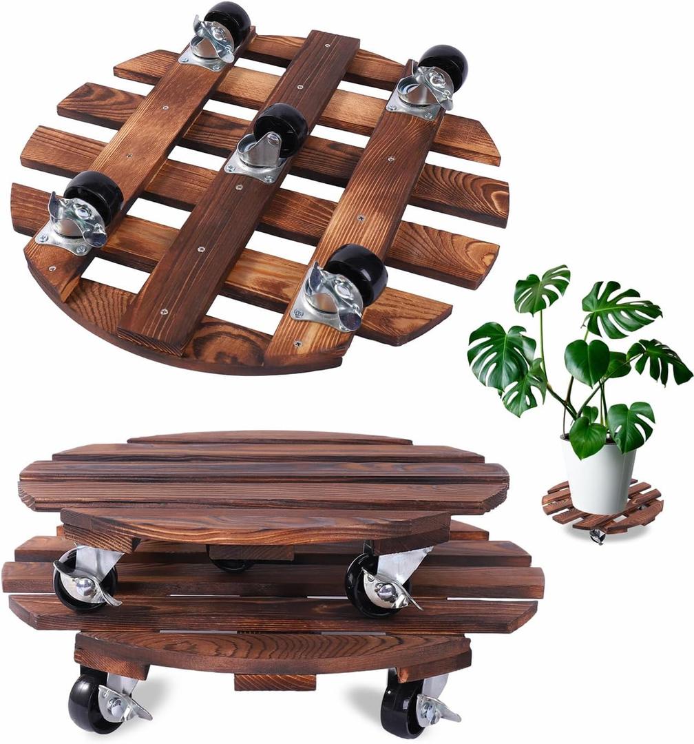 2 Pack Plant Caddy with 5 Wheels, 14" + 12" Rolling Plant Stand 220 LB Heavy Duty Wooden Round Plant Dolly with Metal 360 Lockable Caster Wheels for Outdoor Indoor Large Plant Pots, Flower Pot, Patio