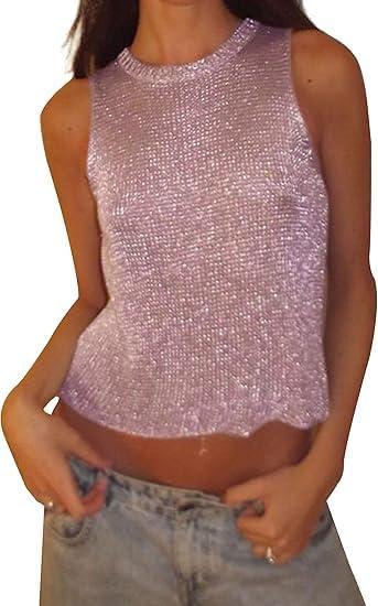 Meladyan Women Sexy Fishnet Knit Glittering Crop Tank Going Out Top Sheer Mesh Sleeveless Crewneck Solid Slim Cropped Tops, Large, Pink
