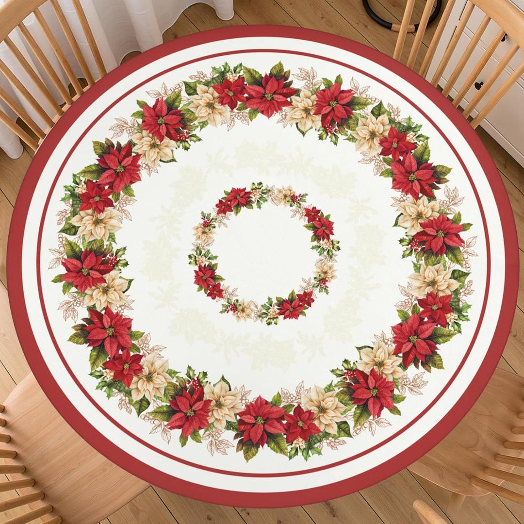 Aytipun Christmas Round Fitted Tablecloth with Elastic for 44-48 Inch Tables Winter Floral Leaves Print Fitted Table Cover Waterproof Holiday Theme Farmhouse Indoor Outdoor Patio Picnic Party Decor