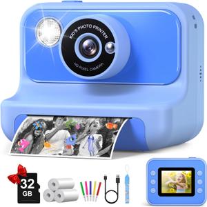 Kids Camera Instant Print, Christmas Birthday Gifts for Girls and Boys, Kids Camera with 32GB Card, Toddler Toy Camera for 3-12 Years Old, Blue
