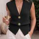 Saodimallsu Womens Sleeveless Sweater Vest V Neck Button Ribbed Knit Front Split Summer Pullover Tops (Black)