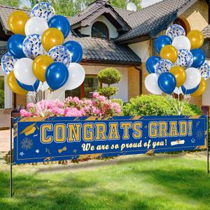 Tiamon 36 Pieces Class of 2025 Graduation Party Decorations Banner, Large Congrats Grad Banner with 35 Pieces Balloons 2025 Yard Signs for High School College Graduation Party Supplies(Blue)