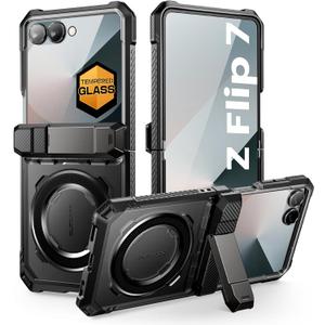 SUPCASE for Samsung Galaxy Z Flip 7 Case with Stand & Front Screen Protector (Unicorn Beetle Grip), [Support MagSafe] [Hinge Protection] Full Body Military-Grade Translucent Back Phone Cover, Black