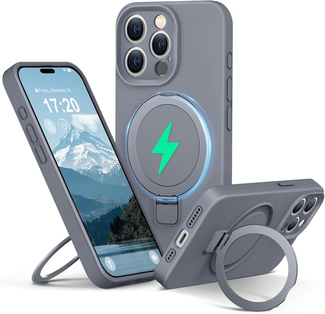 Liquid Silicone Case for iPhone 15 pro MAX with Magnetic Ring Stand, Upgraded Camera Lens Protection, Mil-Grade Drop Shockproof, Anti-Scratch Microfiber Lining Silicone Case (Gray)