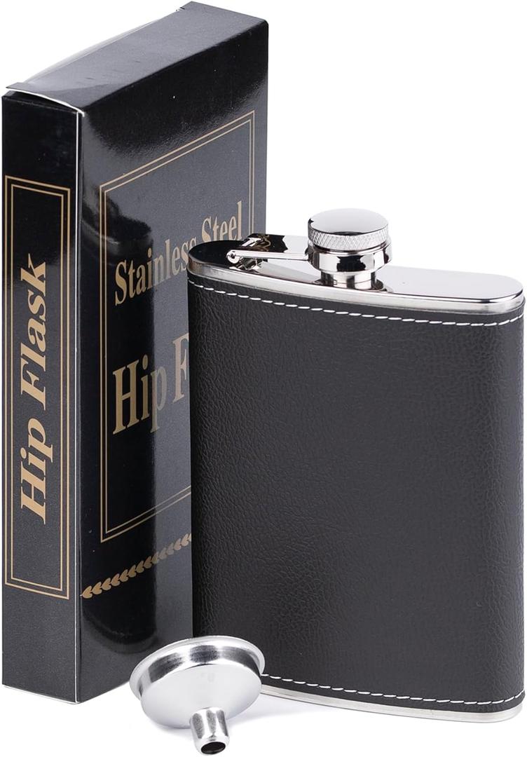 8 OZ Hip Flask for Liquor with Soft Leather Cover, 18/8 Stainless Steel Hip Flask With funnel
