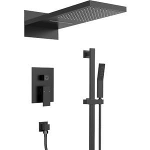 22 Inch Waterfall Rainfall Shower System with Slide Bar Handheld, 3-Function Bathroom Shower Faucet Set for Wall, Pressure Balance Valve Included, Matte Black