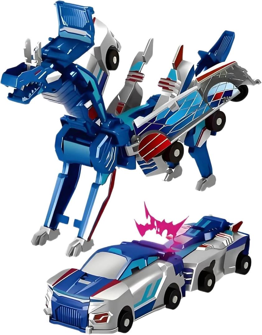 Magnetic Dinosaur Car Toy - 2 in 1 Crash & Transform Vehicle to Dino, No Battery Needed for Kids Age 3-12, Birthday Gift (Blue Dragon)