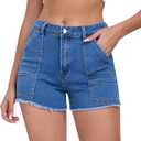 2026 Women's Stretchy Cargo Denim Shorts Mid Rise Jean Shorts Raw Hem Jorts with Pockets Short Jeans 3.5" Inseam (Blue, M)