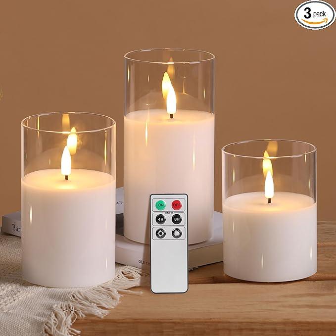 Eywamage Clear Glass Flameless Candles with Remote Timer, Flickering Battery LED Pillar Candles Set of 3