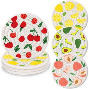 Tegeme 4 Pcs Fruit Pattern Coasters Handmade Braided Cotton Holiday Drink Mats Festive Plaid Snowflake Design Anti Slip Absorbent Cup Coasters for Home Office Party Table Decor