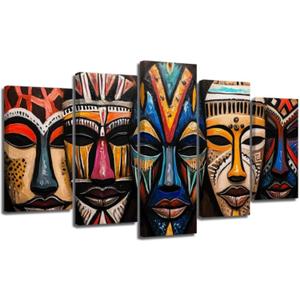 XLMDYYSW African Mask Canvas Wall Art Set of 5 Vintage Traditional Tribal Pictures Colorful Ethnic Mask Prints Ancient Culture Painting for Living Room Framed (Black, 8x14inx2 8x18inx2 8x22inx1)