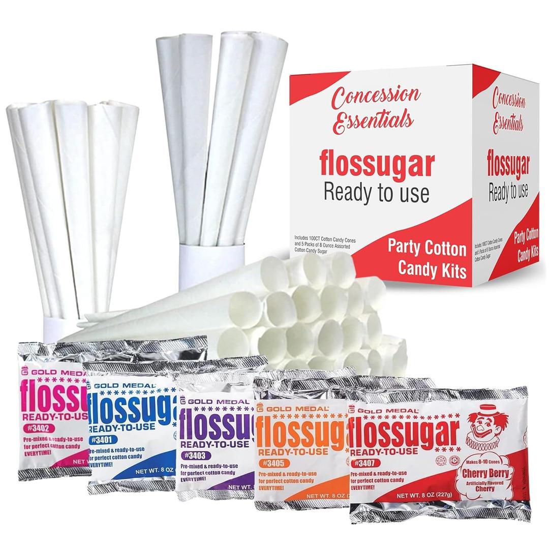 Concession Essentials New Carnival Party Cotton Candy Kits.Includes 100CT Cotton Candy Cones and 5 Packs of 8 Ounce Assorted Cotton Candy Sugar BBD 10/07/2026