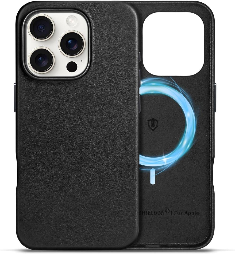 SHIELDON Case for iPhone 16 Pro 6.3" 2024, Genuine Leather Magnetic Wireless Charging, Slim Fit, Non-Slip, Metal Buttons, Shockproof Protective Phone Case Compatible with iPhone 16 Pro - Nappa Black