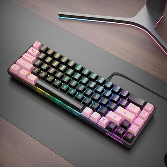 65% Gaming Keyboard, LED Backlit, Ultra-Compact Anti-Ghosting No-Conflict 68 Keys Membrane Gaming Wired Keyboard for PC Laptop Windows Gamer(Black-Pink)