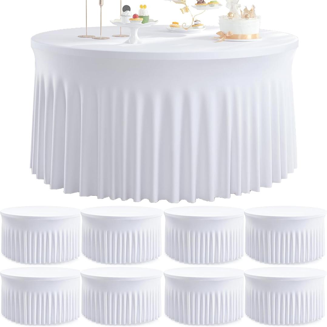 8pk Round Spandex Tablecloths for 72inch Table, Wrinkle Free Stretchy 132 inch Fitted 6ft Round Table Cloths Covers with Skirt for Wedding Birthday Parties Banquet Bridal Shower Events (White)