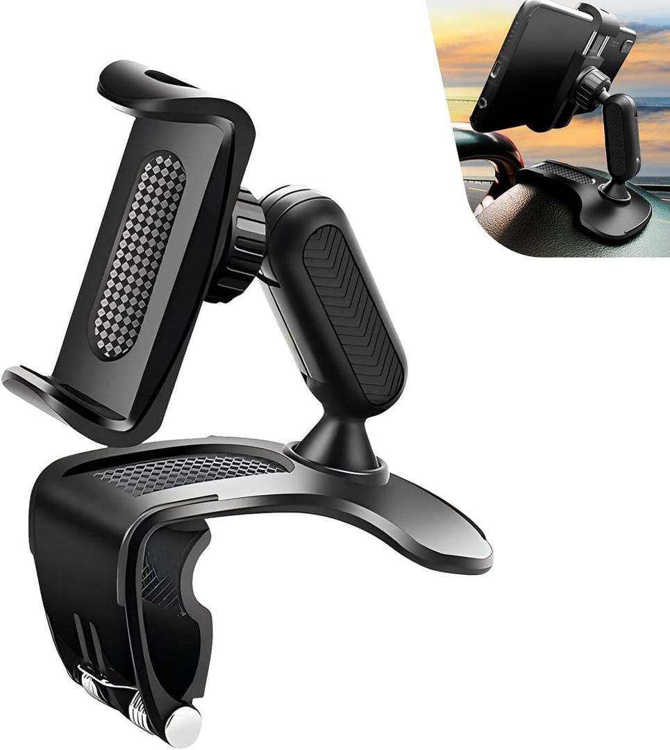 Car Phone Holder, 360 Degree Rotation Clip-on Dashboard Phone Holder, Multifunctional Mobile Phone Mount for Sun Visor & Rearview Mirror, Universal for 4-7 Inches Smartphones (Black)