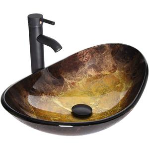 Bathroom Boat Shape Artistic Glass Vessel Sink Free Oil Rubbed Bronze Faucet and Pop-up Drain Set, Gold