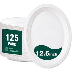 DaYammi 100% Compostable Oval Paper Plates 12 Inch, 125-Pack Heavy Duty Paper Plates Bulk,Biodegradable Bagasse,Eco-Friendly Disposable Dinner Plate for BBQ,Picnic,Party (BPI Certified,Microwaveable)