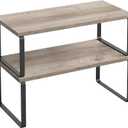 SONGMICS Cabinet Organizer Shelf, Set of 2 Kitchen Counter Shelves, Kitchen Storage, Spice Rack, Stackable, Expandable, Metal and Engineered Wood, Ink Black and Heather Greige UKCS200X02 (15.6"W)