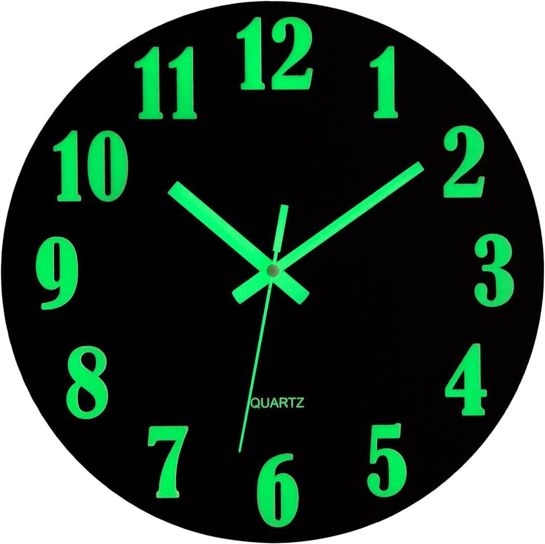 Wall Clock - 12 Inch Black Luminous Wall Clocks Battery Operated Glow in The Dark Wall Clock Silent Non Ticking Wooden Round Analog Night Light Clock for Living Room Bedroom Kitchen Home Decor