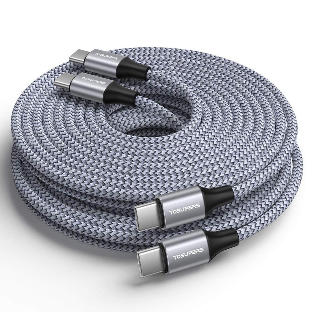 10ft, 2 Pack Long USB C to USB C Cable Fast Charging 60W, PD Type C Charger Cord for iPhone 16 15 Pro Max Plus, Samsung Galaxy S25 S24 S23 S22 Ultra A16 Z Flip6/Fold6, MacBook/iPad Pro (Grey)