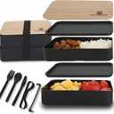 Bento Box Adult Lunch Box Set with Compartments – Stackable Dual-Layer Lunch Containers for Men & Women, Lightweight & Durable, Black Base & Wood Grain Lid, for Work, School, Travel, Meal & Prep