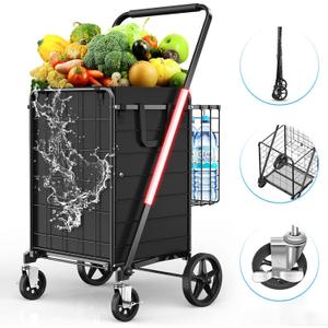 Large Folding Shopping Cart with Swivel Wheels & Brakes - 420lbs Foldable Rolling Grocery Cart with Double Basket & Waterproof Liner, Portable Heavy Duty Utility Carts for Laundry