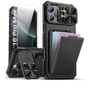 SSLOTSCASE for iPhone 16 Pro Max Case with 2X Screen Protector, Card Holder & Kickstand & Slide Camera Lens Cover, Silicone Edge Rugged Heavy Duty Phone Case Cover for iPhone 16 Pro Max 6.9'', Black