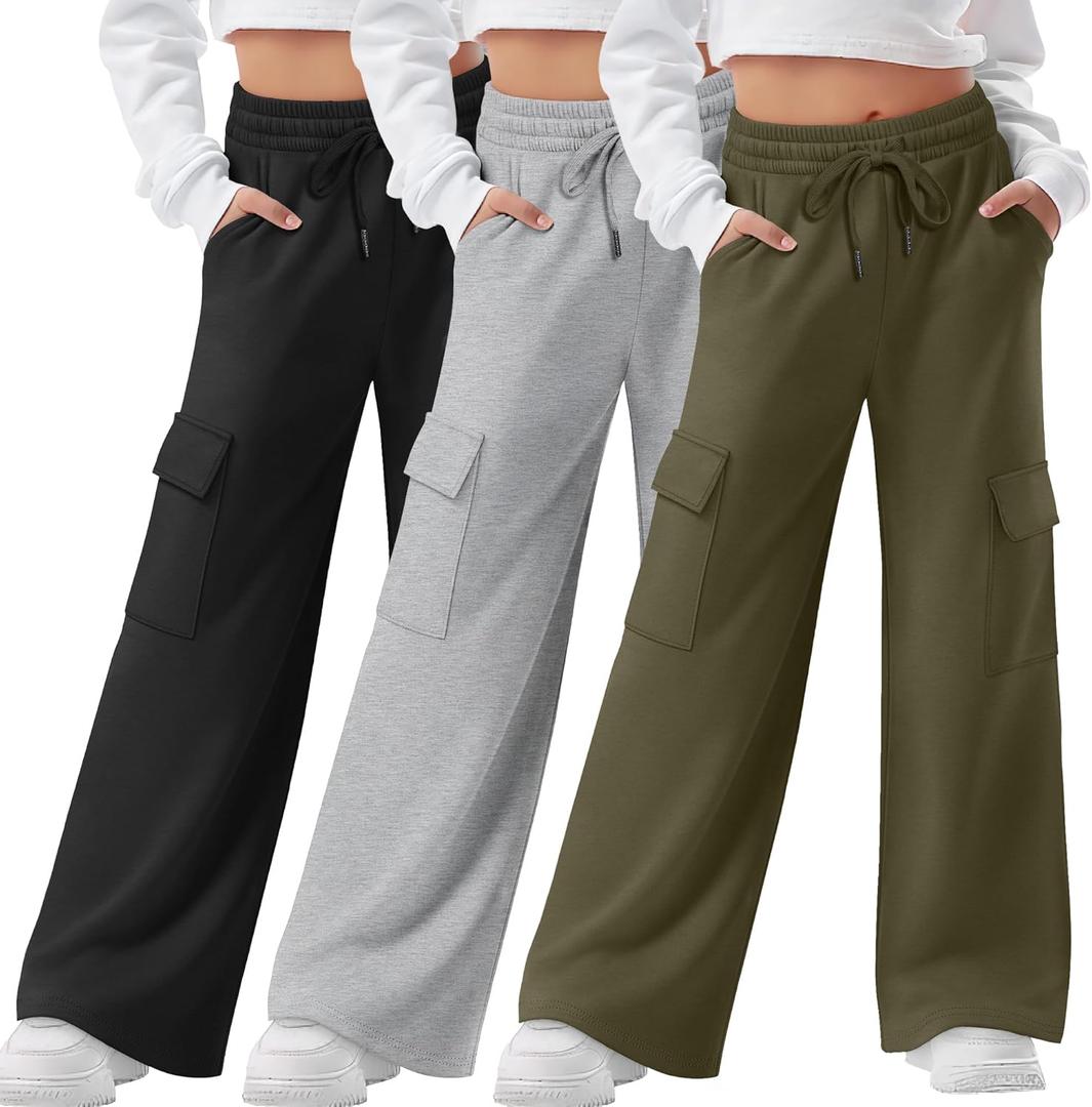 3 Pack Girls Wide Leg Sweatpants Kids Cargo Baggy Pants Drawstring Casual Athletic Joggers for Teens 5-14 Years (Large, Army Green, Light Gray, Black)