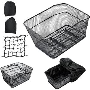 KAUFU Rear Bike Basket with Waterproof Cover and Adjustable Cargo Net, Large Bicycle Cargo Rack Storage Basket, Universal for Most Rear Bike Racks Fit for Shopping, Pets and Daily Outings