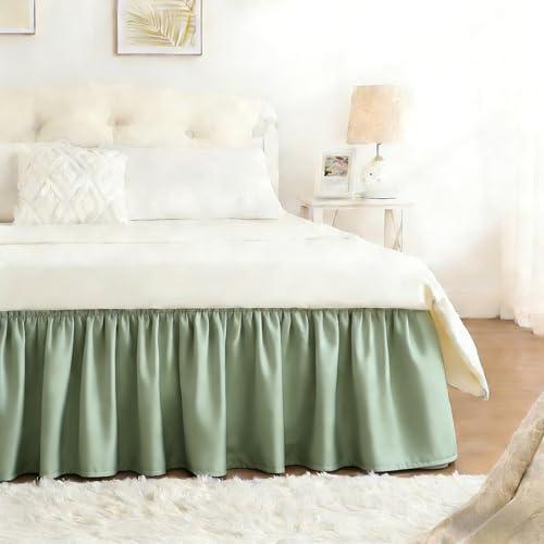 RIMELA Sage Green Bed Skirt Full Size 15 Inch Drop, Elastic Bed Skirting for Bed Base and Frame, Bedding Dust Ruffle Easy to Install, Wrap Around Adjustable Bedskirt