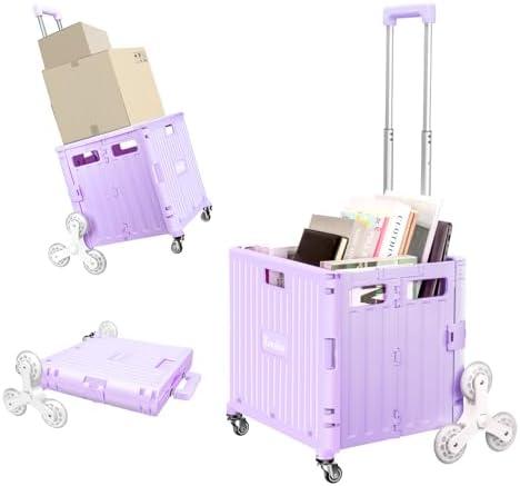 Foldable Rolling Crate for Stair Climbing : Handcart for Shopping Teacher Laundry (Lavender)