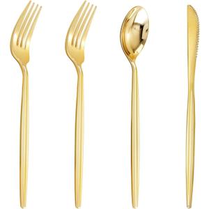 U-QE 120Pcs Gold Plastic Silverware, Luxury Plastic Cutlery, Heavy Weight Flatware, Gold Disposable Utensils Set Include 60 Forks, 30 Spoons, 30 Knives for Party