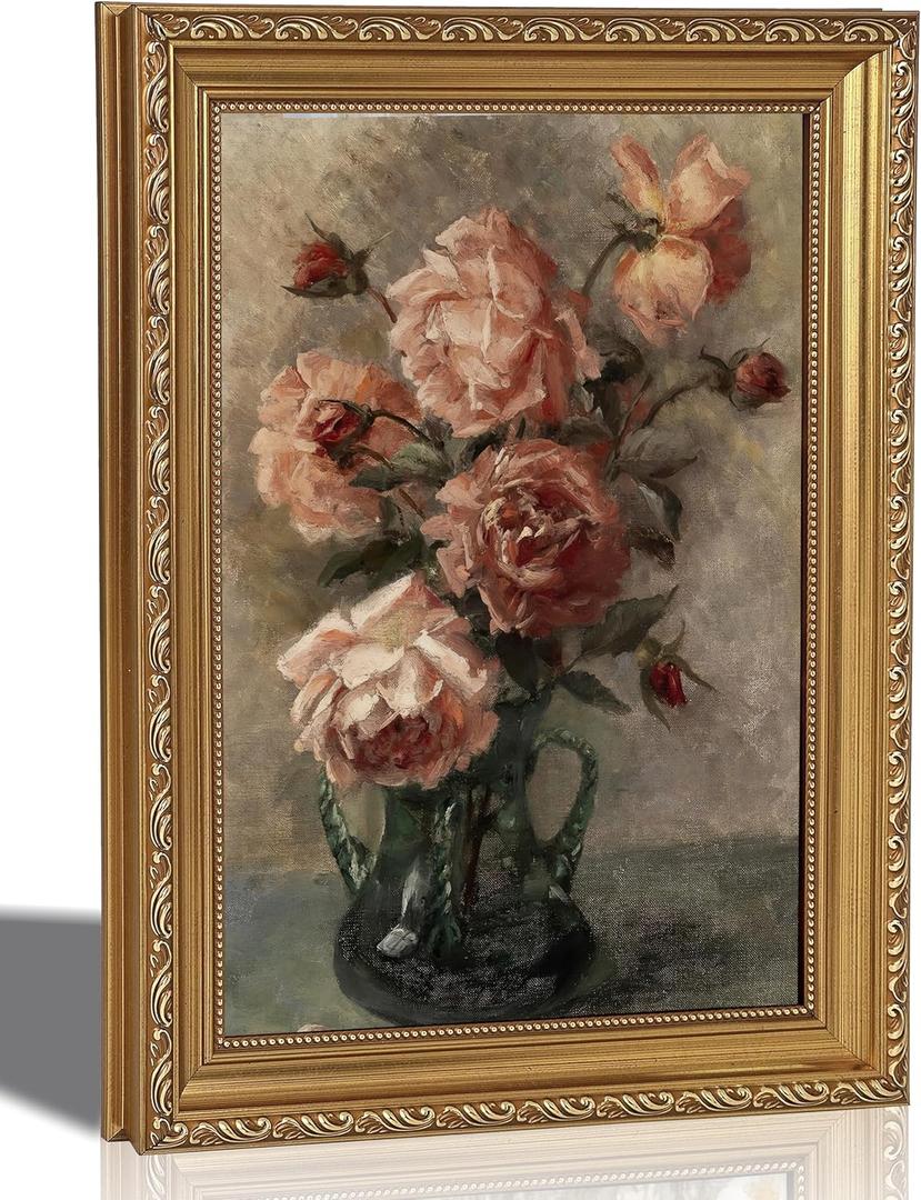 Framed Vintage Gold Ornate Blush Pink Roses Canvas Wall Art, Green Vase Bouquet French Country Rustic Still Life Oil Painting Poster Print, Wall Decor Artwork for Living Room Bedroom Home Decoration (16"L x 12"W)
