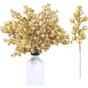 Geosar 36 Pcs Christmas Glittered Berries Stems 7.9 Inch Artificial Berries Sprays Branches Floral Pick for Christmas Tree Ornament, DIY Xmas Wreath, Crafts, Home Decor(Gold,Pure Color)