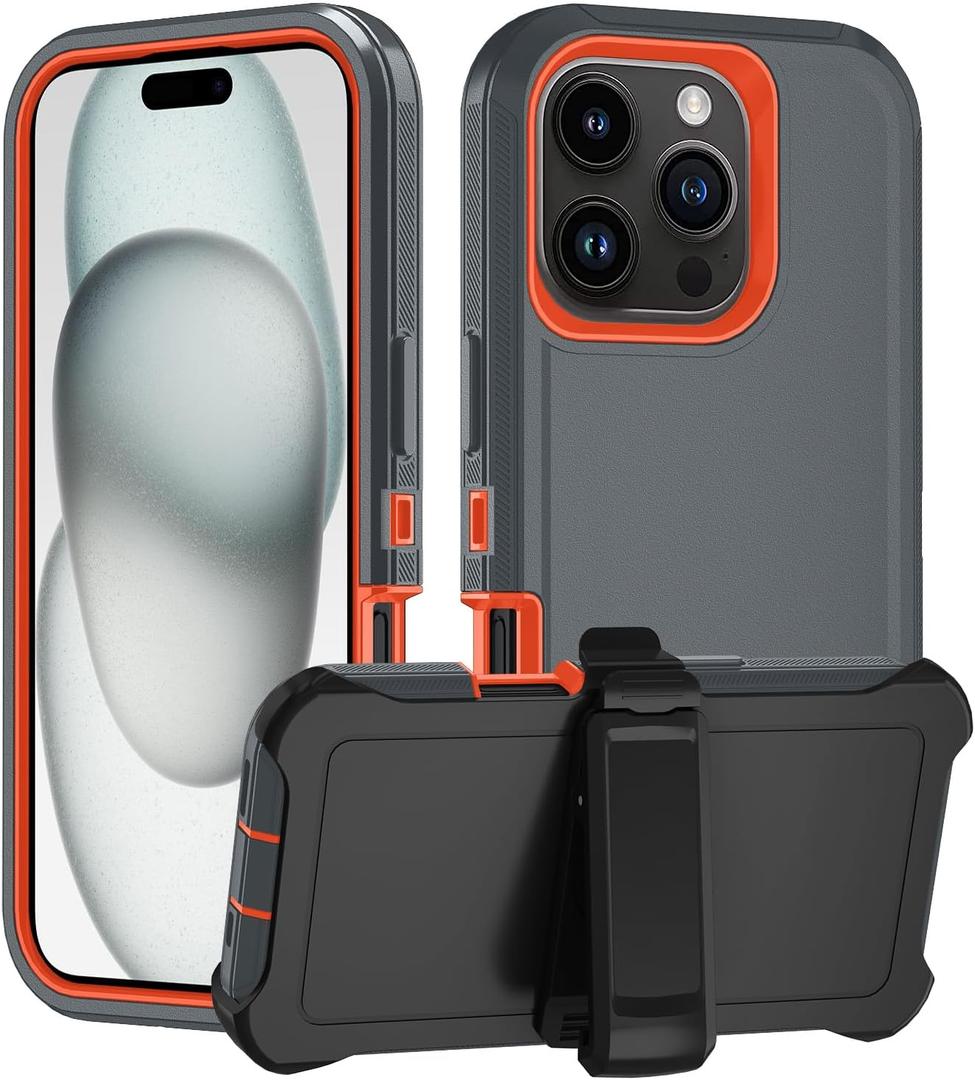 Case for iPhone 16 Pro Max(2024), 3-Layer Super Full Heavy Duty Rugged Case Belt Clip Holster Kickstand Protective Case Cover for iPhone 16 (Black Orange with Clip, iPhone 16 Pro Max)