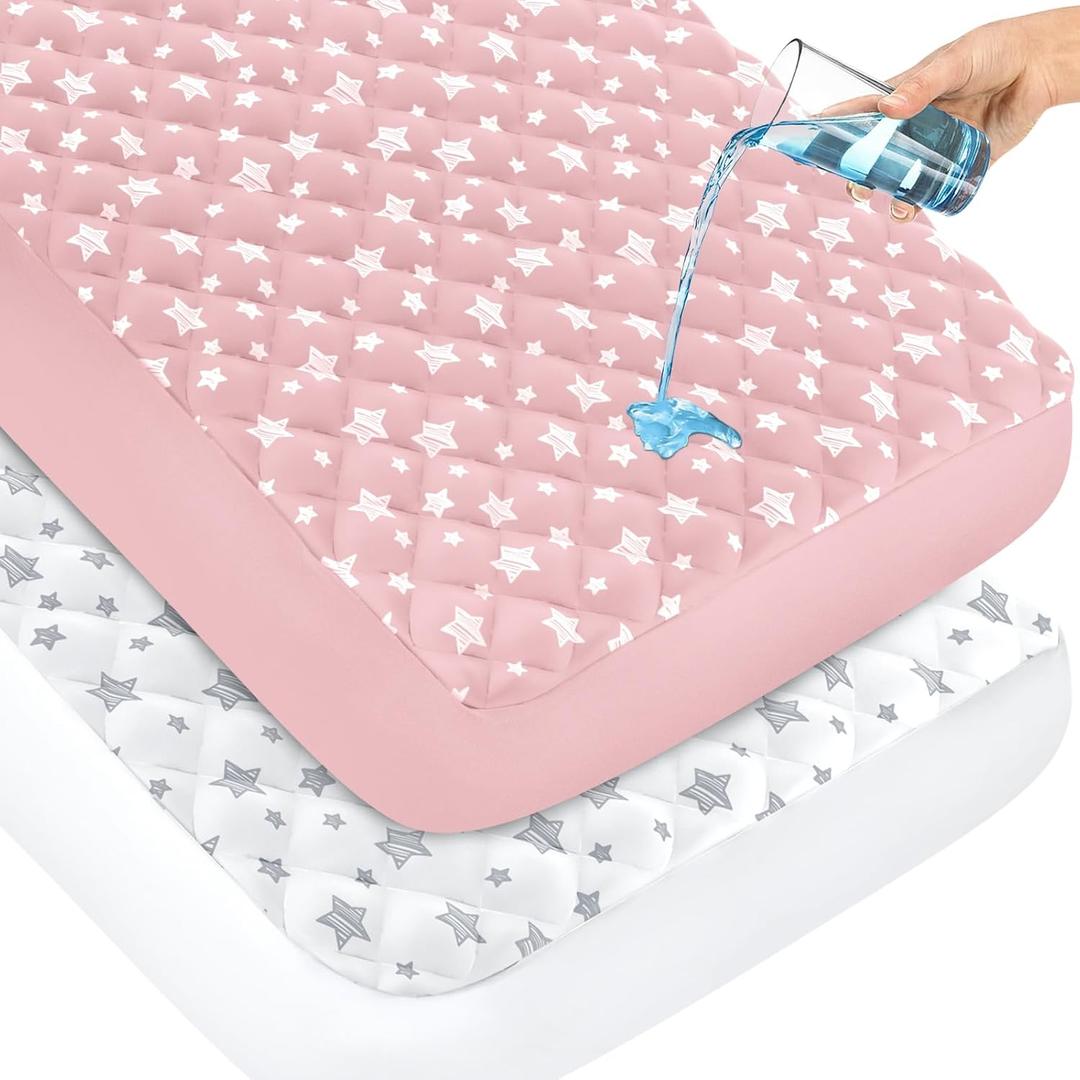 Crib Mattress Protector Waterproof 2 Pack, Quilted Crib Mattress Pad Cover 52" x 28" Extra Soft Breathable Toddler Bed Cover Stretch Up to 8", Pink & White Star
