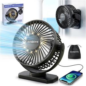 Cruise Approved Magnetic Fan with 12000mAh Rechargeable Battery, Cruise Fan with 3 Speeds, Timer, Led Lights, Power Output & Bottom Hook, Portable Fans for Camping Travel Cruise Essentials