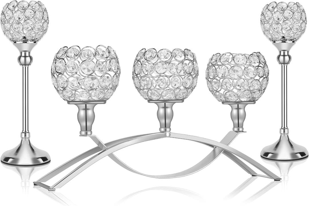 Silver Crystal Candle Holders Decorative Arch Candelabra 3-Arm Candlesticks Holder & 2 Glass Holders Table Centerpiece, Wedding, Party, Anniversary, Size: 3-arm arched (2 pcs)