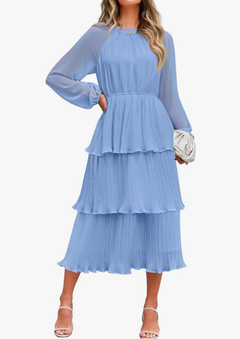 ZESICA Women's 2025 Long Sleeve Crew Neck Ruffle Tiered Layered Chiffon Flowy Swing 2025 Long Midi Dress, Size M