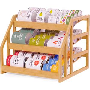 HOMESTEAD Bamboo Can Organizer for Pantry - 3 Tier Rack with Adjustable Dividers, Gravity Feed Canned Goods Organizer, 36 Cans Soda Storage