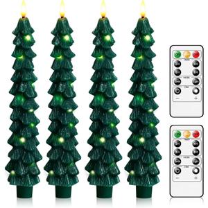 Christmas Tree Flameless Candles with Remote,4 Pcs Green Real Wax LED Flickering Candles Battery Operate with Embedded Star String for Home Decoration Christmas Gifts(D0.86 xH9.6)