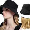 NOOFNO Summer Women's Beach Sun Hat, Wide Brim Sun Protection, Lightweight Hat with Hair Attached via Magic Tape Hat[black]+hair