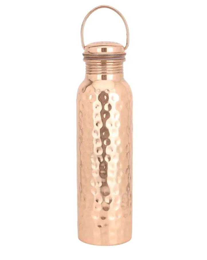 Pure Copper Hammered Water Bottle With Carrying Handle 600 ml - 20.28 Fluid Ounce | Food Grade Silicone Seal, For Sports, Travel and School BPA - Free Sports Water Bottle